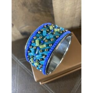 Vintage Boho Beaded Clamper Cuff Bracelet Blue Turquoise Green Geometric Y2K